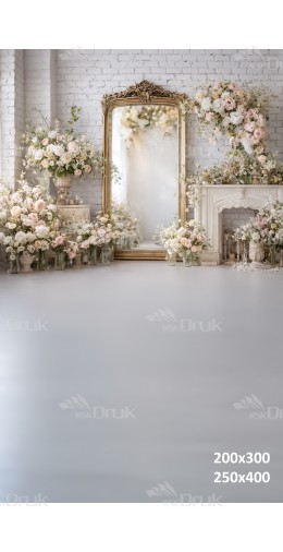 Tło fotograficzne „Eleganckie wnętrze z lustrem, kominkiem i kwiatami” | 3997